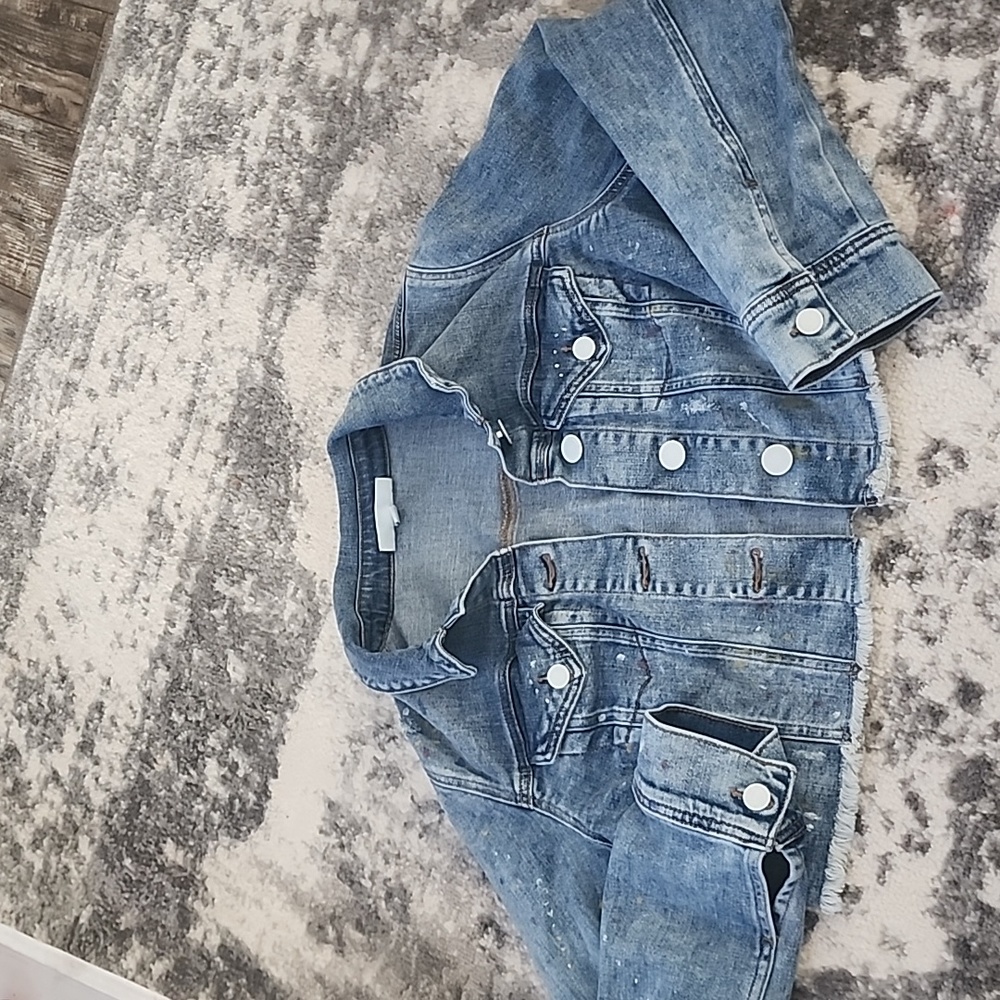 Lane Bryant Destructed Paint Splattered Crop Denim Jacket